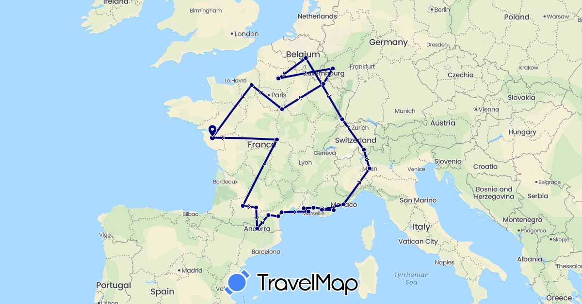 TravelMap itinerary: driving in Andorra, Belgium, Switzerland, Germany, France, Italy, Monaco (Europe)